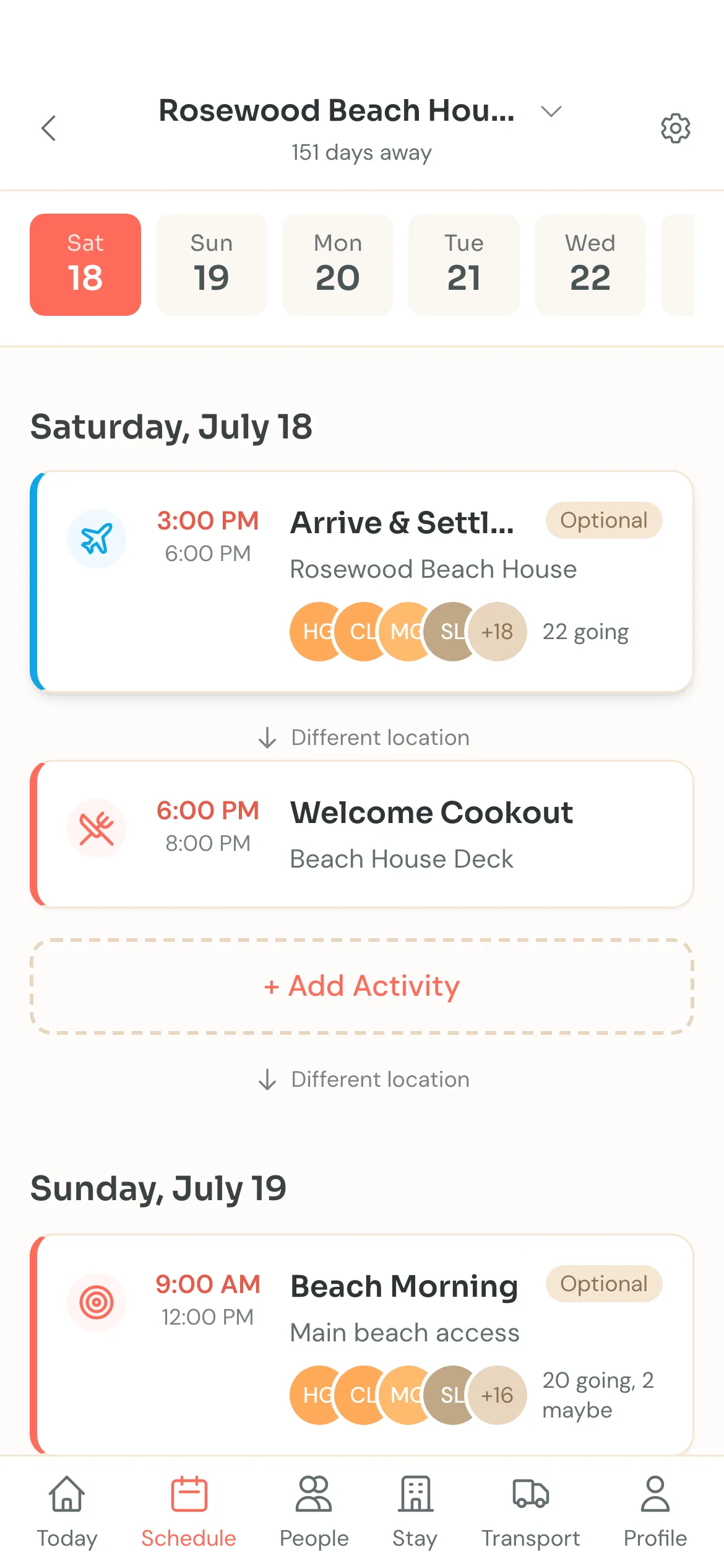 Trip schedule showing continuous scroll view with day selector and sticky headers