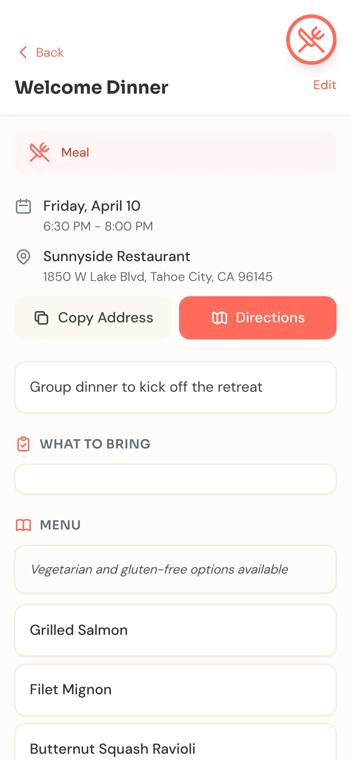 Activity detail showing Welcome Dinner at Sunnyside Restaurant with address, directions button, and dinner menu