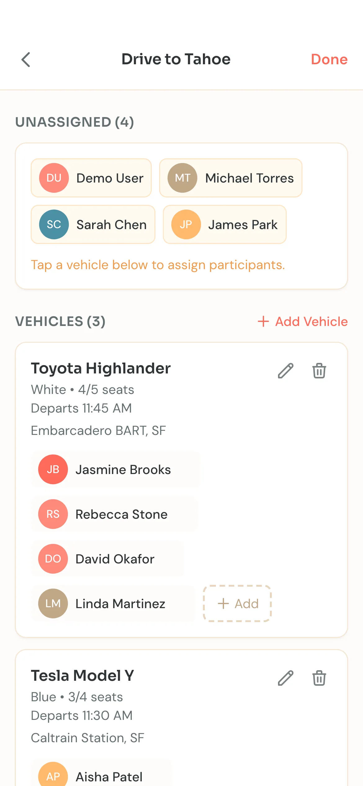 Transportation leg showing vehicle, driver, 5 riders, and schedule link
