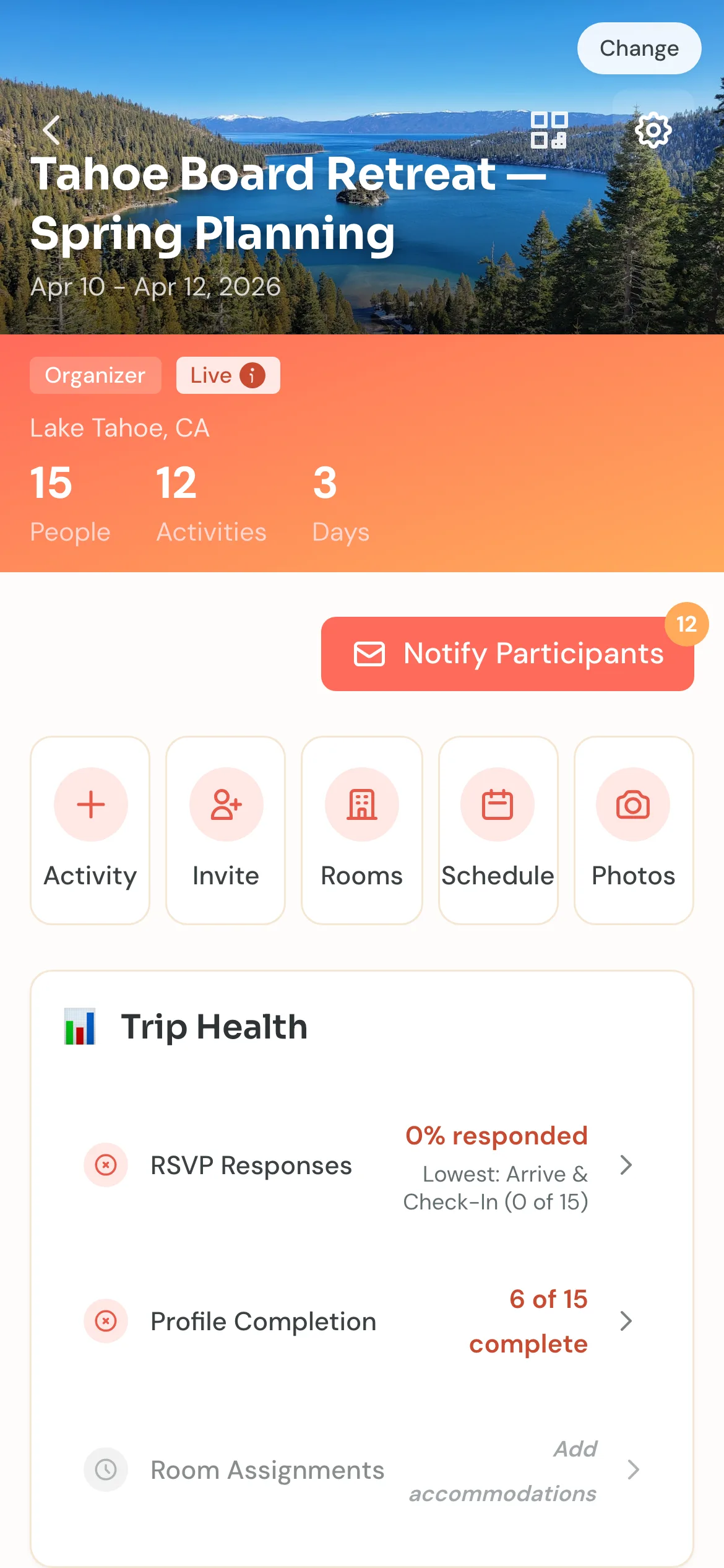Trip Health metrics showing engagement stats