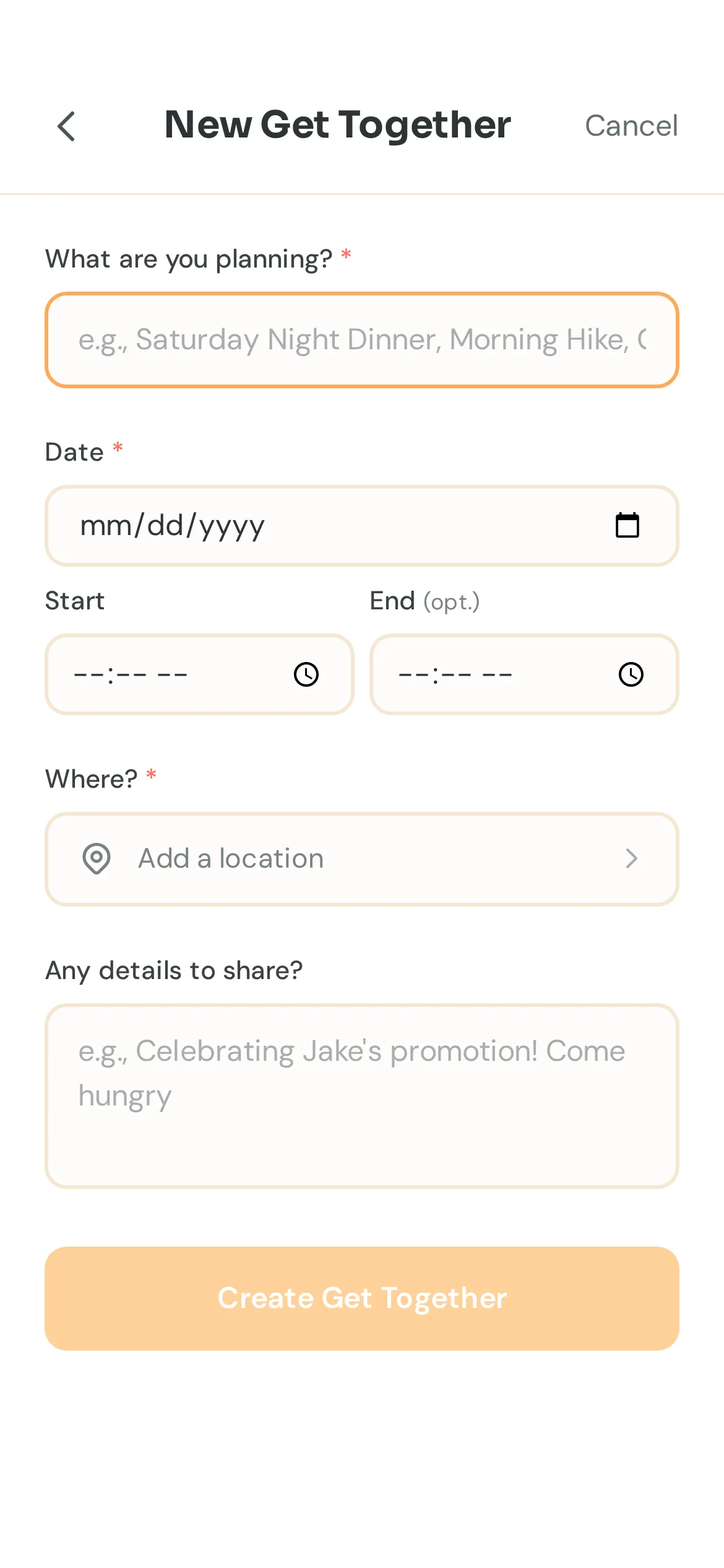Get Together creation form showing title, date and time pickers, location field, and details section on a single screen