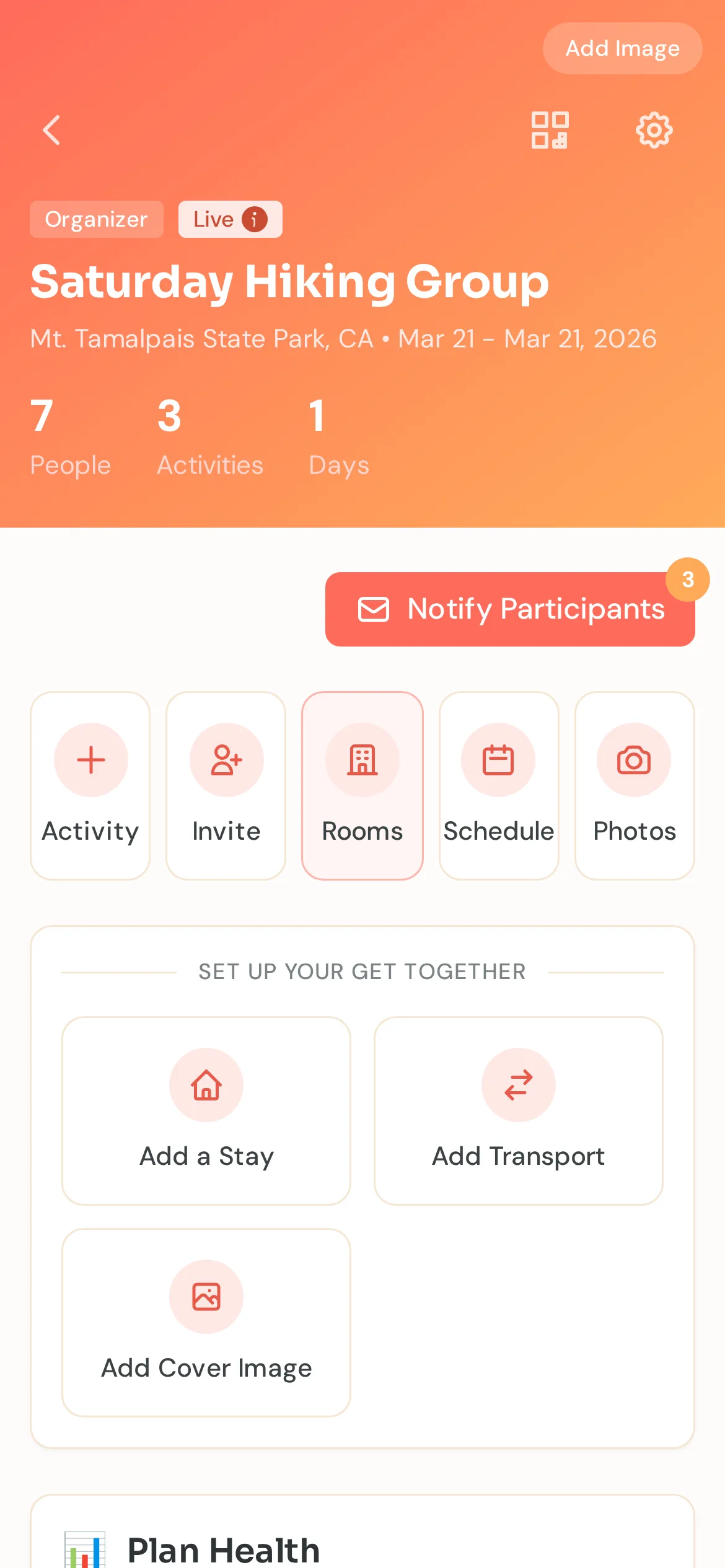 Get Together dashboard showing Setup Your Get Together section with Add a Stay, Add Transport, and Add Cover Image options for expanding the event