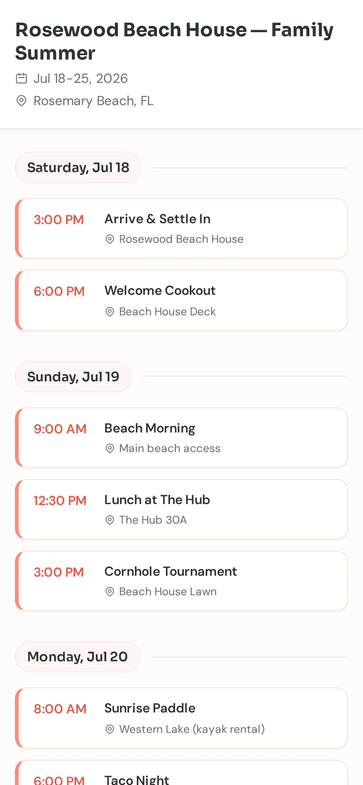 Public agenda page showing Beach trip schedule organized by day with activity times and locations, no login required